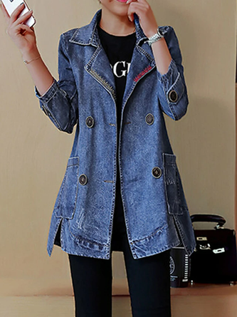 Lapel Collar Plain Denim Buttoned Casual H-Line Long Sleeve Jacket With Pockets