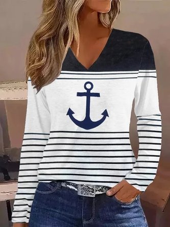 Plus Size Anchor Logo Loose Striped Casual V Neck Long Sleeve T-Shirt