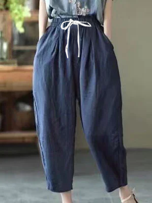 Cotton Casual Plain Loose Elastic Band Ankle Turnip Pants With Pockets