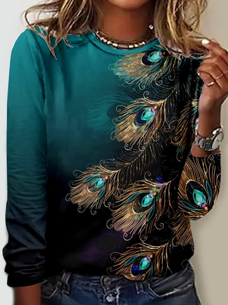 Women's Art Feather Casual Peacock Crew Neck Shirt
