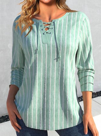Striped Casual Lace-up Loose Long Sleeve T-Shirt
