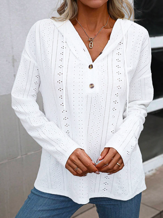 Casual Plain Eyelet Embroidery Long Sleeve Hooded T-Shirt With Buttoned Design
