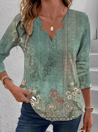 Floral Casual V Neck Loose Long Sleeve Shirt