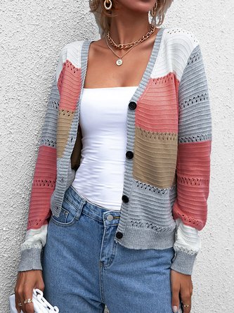 Casual Contrast Stitching Wool/Knitting Cardigan