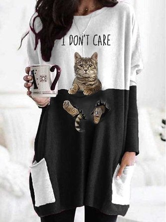 Crew Neck Cat Casual Loose Blouses