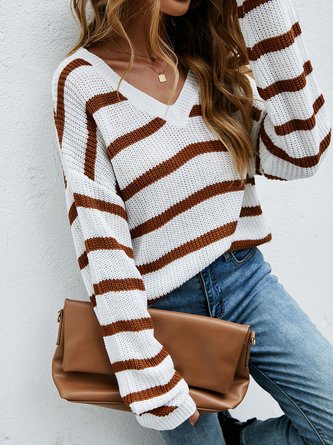 Casual Striped V Neck Wool/Knitting Sweater