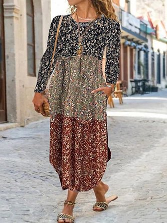 Plus Size Floral Pocket Stitching Loose Casual Maxi Dres