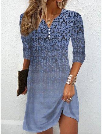 Ethnic Daily Casual Loose V Neck A-Line Long Sleeve Short Dress