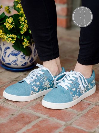Blue Canvas White Floral Panel Sneakers