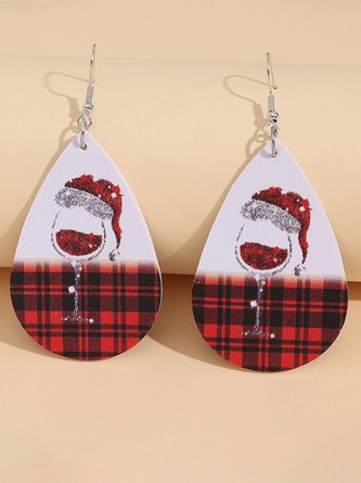 Christmas Red Plaid Sequins Wine Cup Leather Earrings