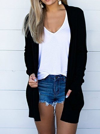 Jersey Loose Pocket Stitching Plain H-Line Casual Long Sleeve Kimono
