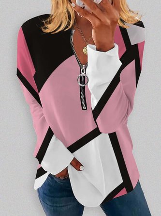 Geometric Printed Half Zipper Casual Loose Long Sleeve V neck Sweatshirt