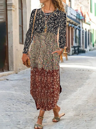 Floral Crew Neck Casual Long Sleeve Loose Maxi Dress