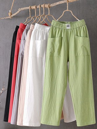 Cotton Casual Plain Ankle Loose Ankle Straight Pants With Pockets