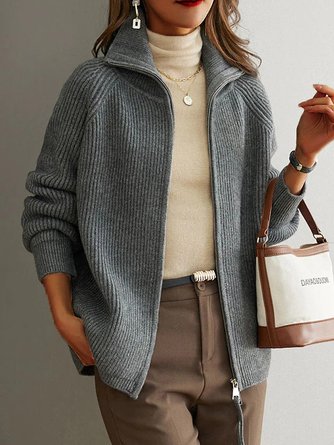 Casual Shawl Collar Wool/Knitting Zipper Cardigan