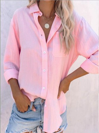 Cotton-Blend Loose Casual Shirt Collar Blouse