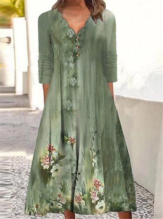 Casual Floral Knitted T-Shirt Dress Long Sleeve A-Line Maxi Dress