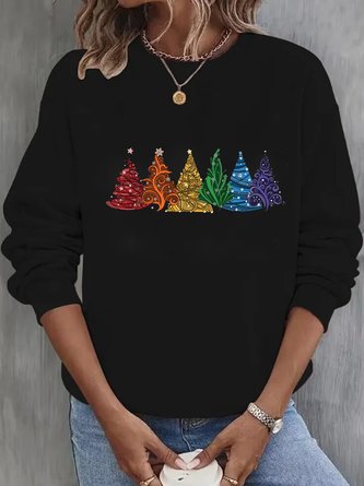 Crew Neck Casual Knitted Christmas Tree Sweatshirt