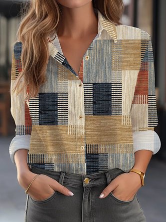 Shirt Collar Loose Abstract Plaid Casual Blouse