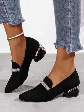 Rhinestone Decor Faux Suede Point Toe Block Heel Pumps