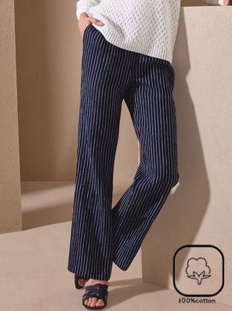 Casual Pocket Stitching Striped Cotton Pants