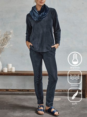 Casual Plain Crew Neck Velvet Two-Piece Set