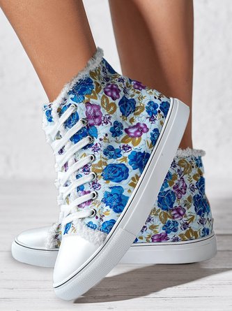 Casual Blue Floral Faux Fur Lined High Top Canvas Shoes
