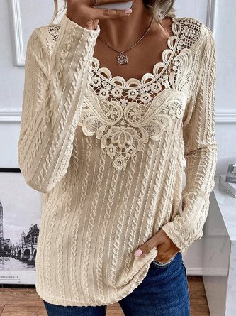 Casual Lace Loose Plain Shirt