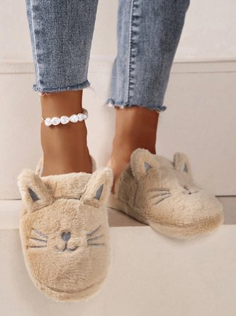 Cartoon Cat Design Embroidery Slip-on Fluffy Home Slippers