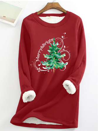 Cotton-Blend Casual Christmas Tree Crew Neck Fleece Sweatshirt