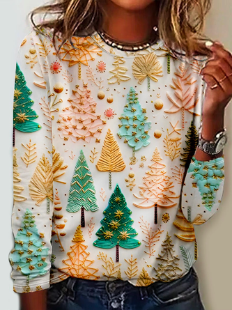 Christmas Tree Regular Fit Crew Neck Casual Long Sleeve Shirt