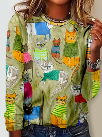 Funny Cat Casual Crew Neck Regular Fit Long Sleeve Shirt
