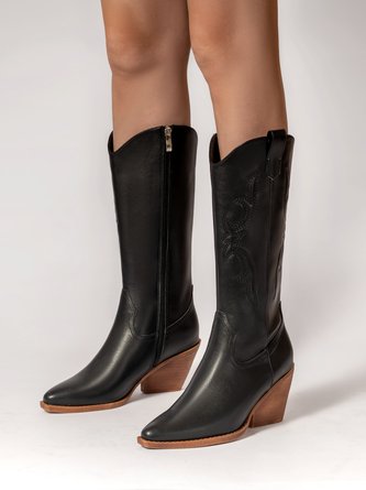 West Style Embroidery Block Heel Mid-calf Boots