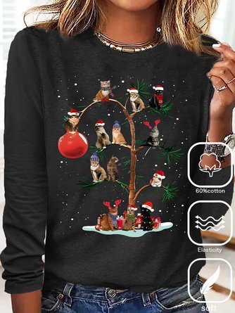 Plus Size Casual Cotton-Blend Christmas Tree T-Shirt