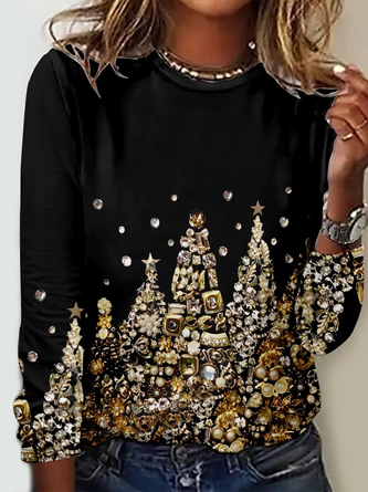 Women's Christmas Tree Printed Casual Crew Neck Regular Fit Long Sleeve Shirt