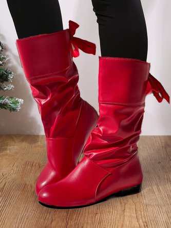 Christmas Eyelet Tied Detail Low Heel Ruched Mid-calf Boots