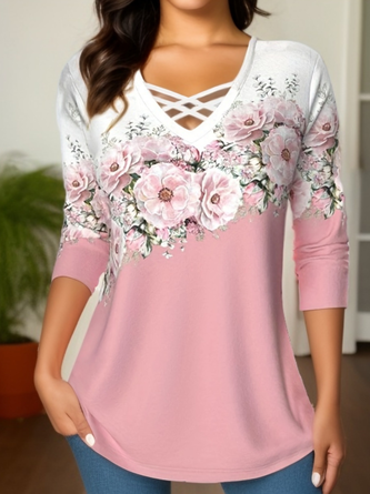 Contrasting Floral Loose V neck Knit Jersey Long Sleeve T-Shirt
