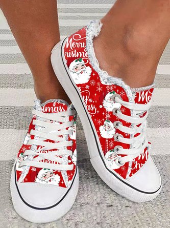 Merry Christmas Santa Claus Print Fringe Lace-Up Canvas Shoes