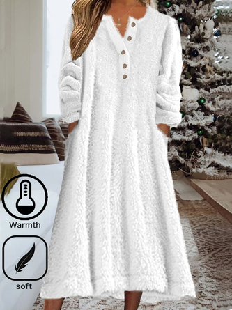 Casual Buttoned Plain Teddy Fleece Dress
