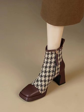 French Retro Houndstooth Square Toe Chunky Heel Boots
