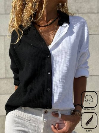 Casual Black And White Colorblock Blouse