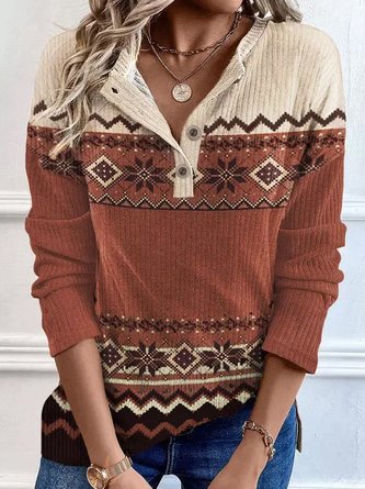 Ethnic Daily Casual Buttoned Neck Loose H-Line Long Sleeve T-Shirt