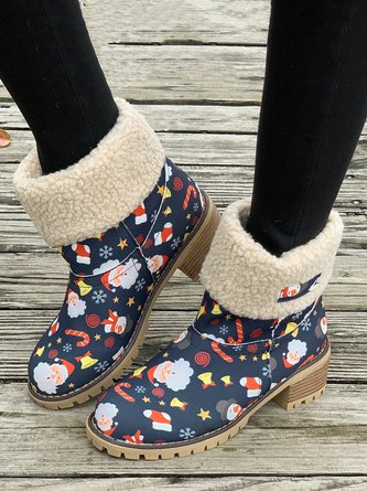 Christmas Cartoon Printed  Winter Casual Warm Faux Fur Lined Snow Boots