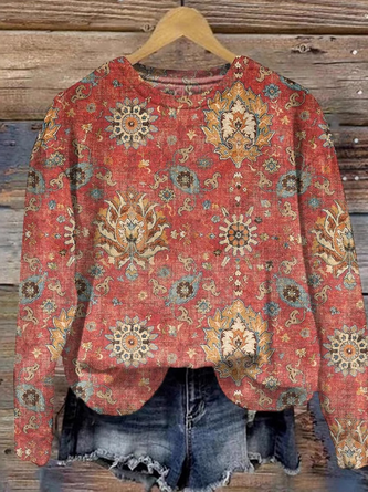 Fashion Crew Neck Long Sleeve Ethnic Floral Casual Regular Sweatshirt