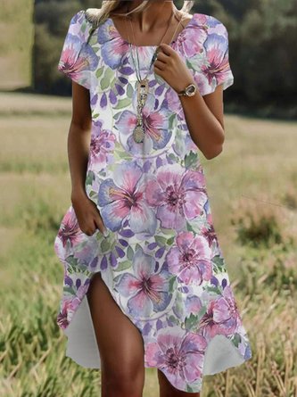 Floral Print Short Sleeve Crew Neck Dress | zolucky
