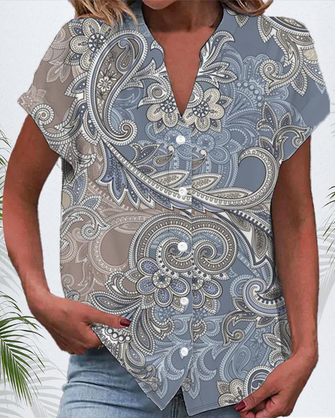 Women's Short Sleeve Shirt Summer Blue Floral Printing V Neck Daily ...