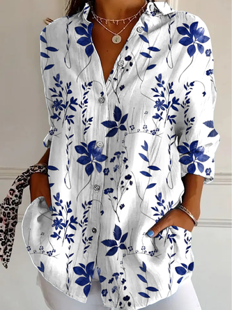 Women's Vintage Flowers Print Casual Hollow-out Denim Shirt main image 1