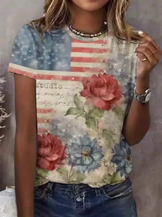 Independence Day Floral Print Casual Crew Neck Short Sleeve T Shirt