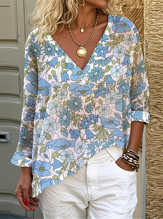 Vintage Art Print Casual V-neck Denim Loose Shirt