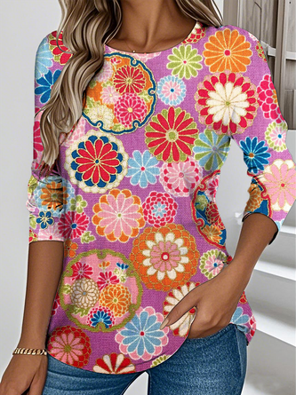 Flower Round Neck Long Sleeve T-Shirt